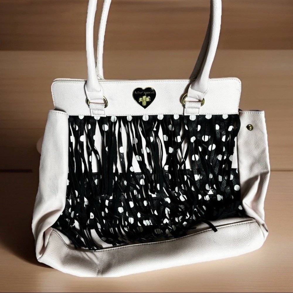 Betsey Johnson Faux Leather Fringe Tote Bag - Pink/Black Polka Dots